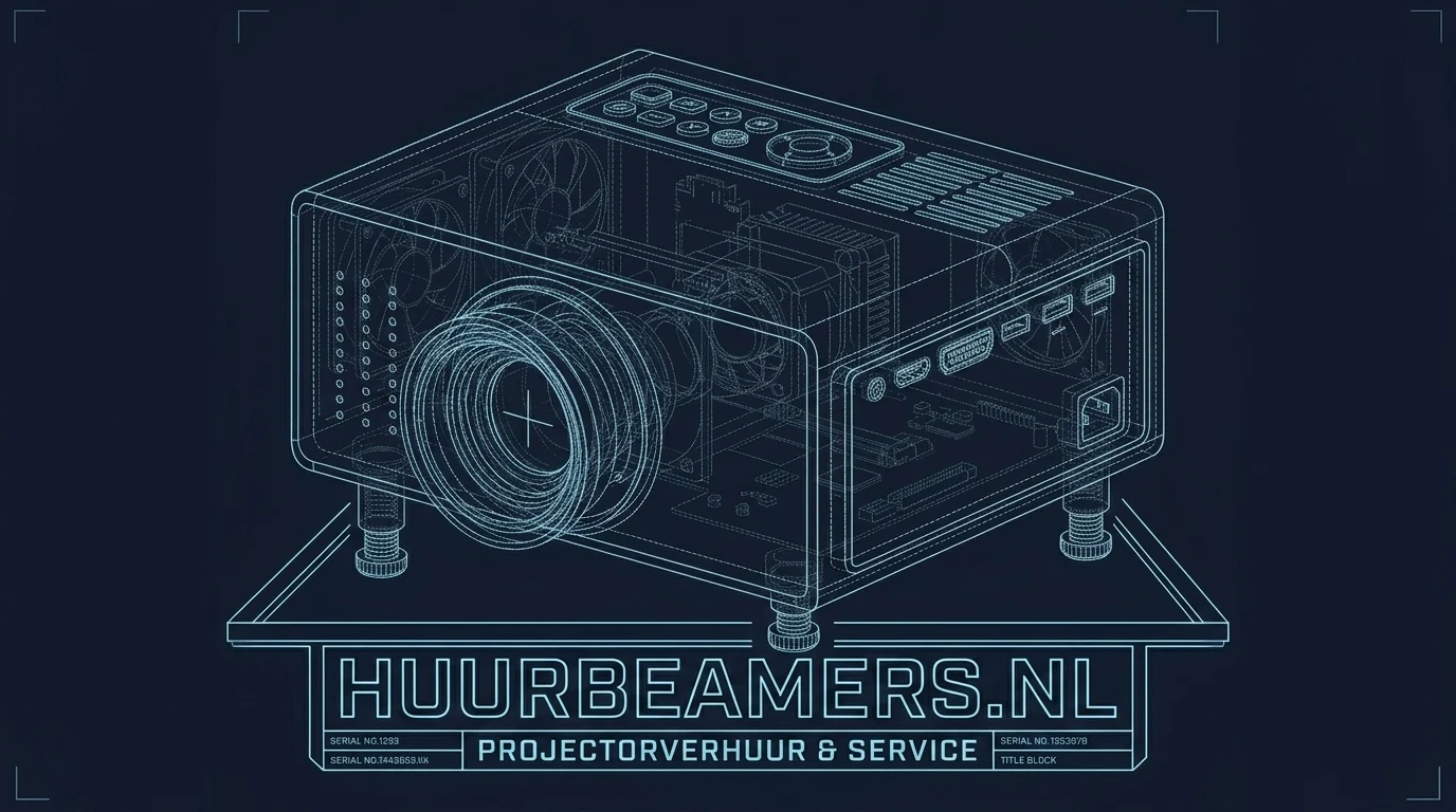 Blauwdruk van een beamer met het woordmerk Huurbeamers.nl eronder: doorzichtige behuizing met het lenzenstelsel, de koelventilatoren en de aansluitingen in beeld